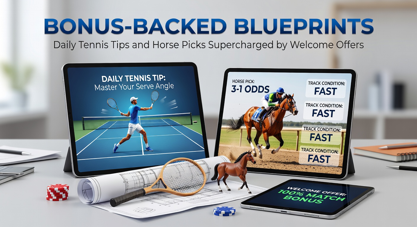 Vibrant collage of tennis court action merging with horse racing thrills, overlaid with glowing bonus offer icons