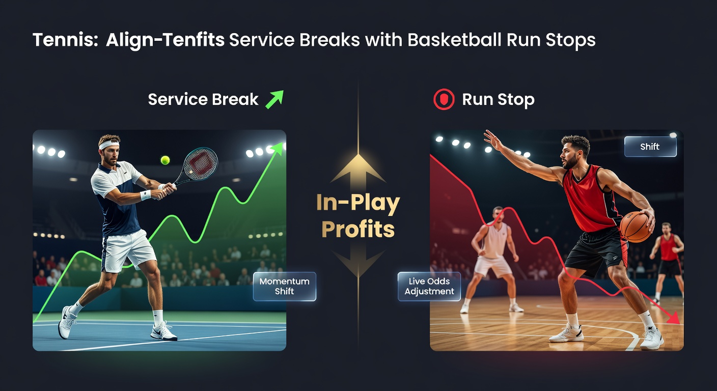 Dynamic split image showing a tennis player mid-service break and a basketball defender halting an opponent's run, highlighting momentum shifts in both sports