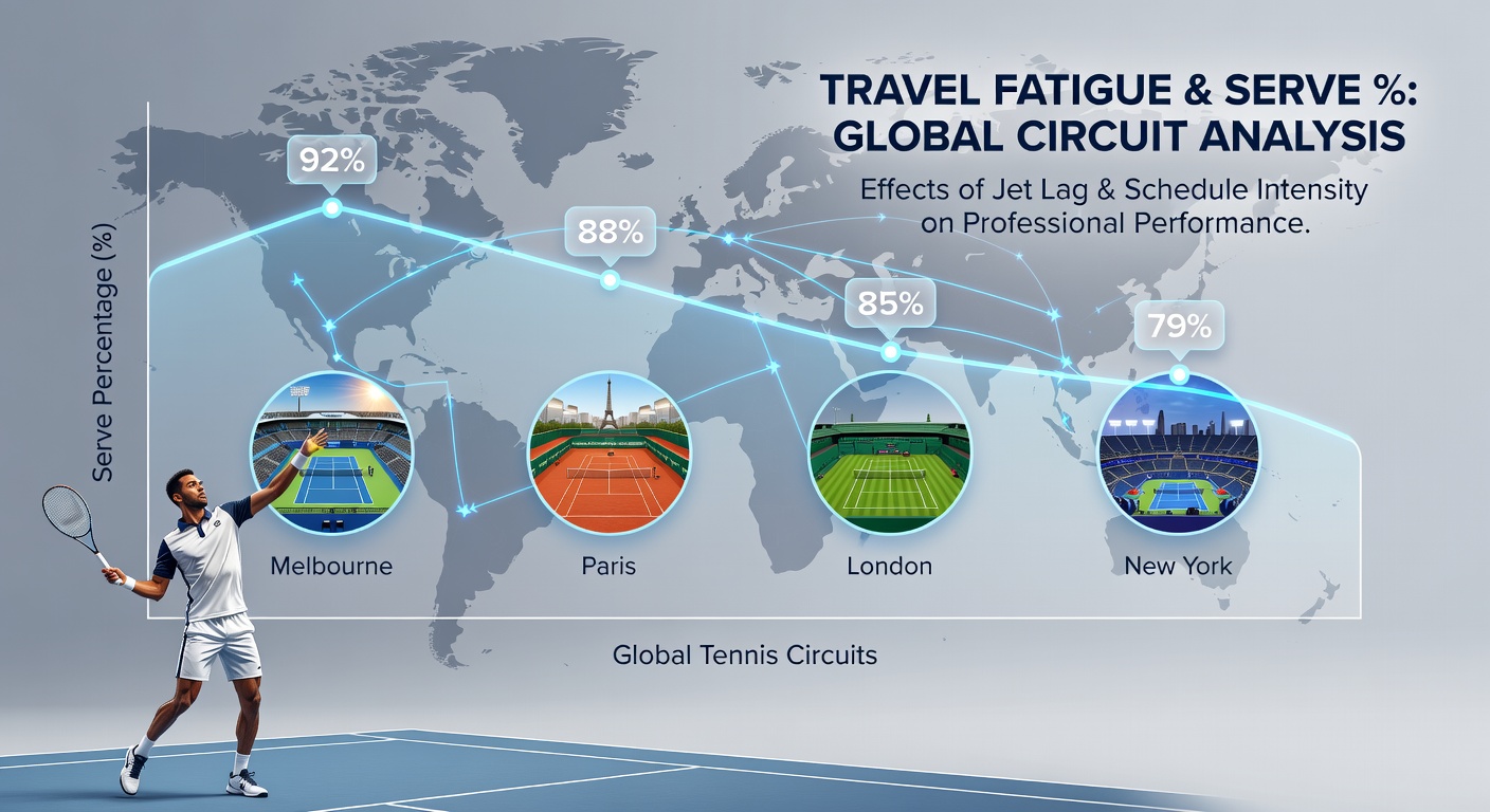Tennis player serving during a long-haul tournament schedule with travel indicators overlaid on court