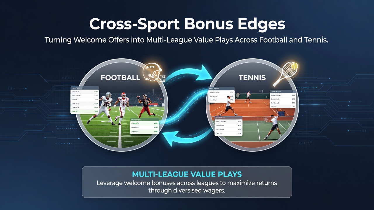 Tennis player serving on court with overlaid statistics and football league table graphics illustrating cross-sport bonus allocation