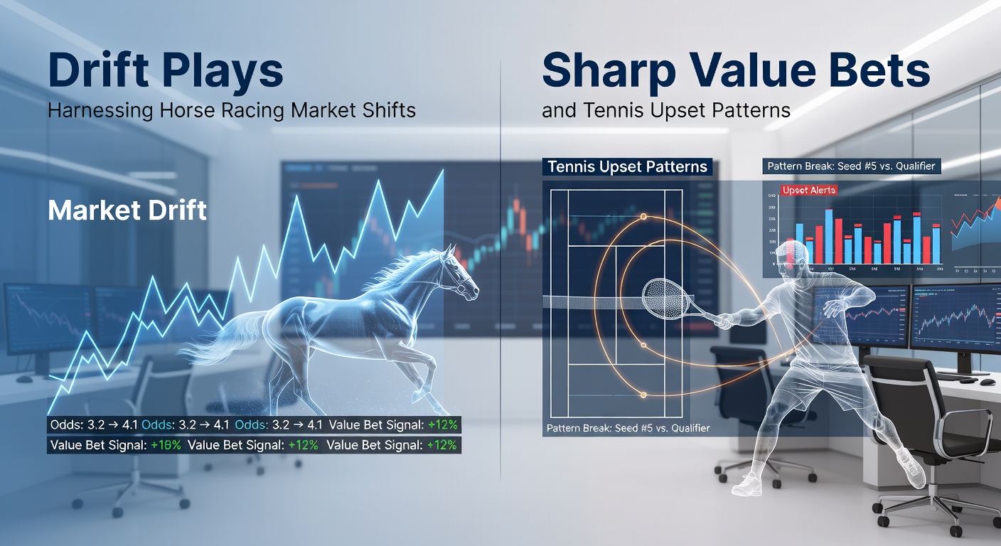 Tennis player executing an upset forehand winner beside a horse racing tote board displaying drifting odds