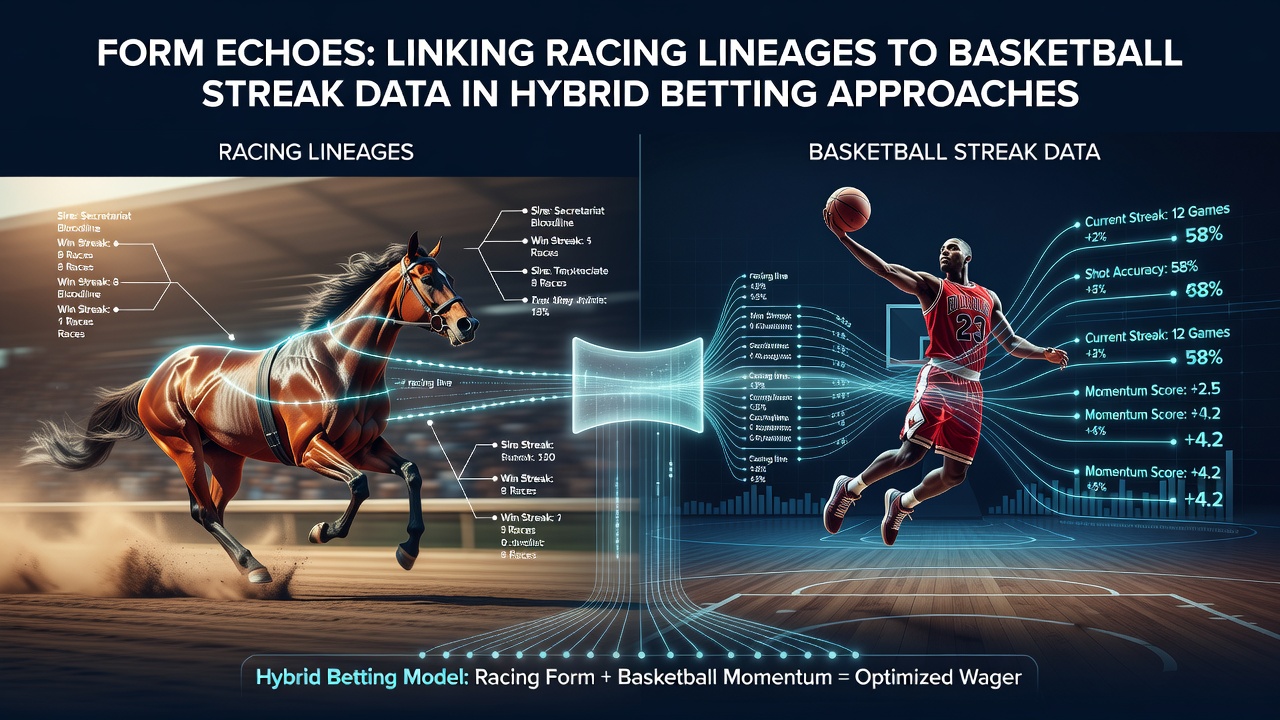 Visual representation of horse racing pedigree charts overlaid with basketball performance streak graphs used in data analysis for hybrid betting models