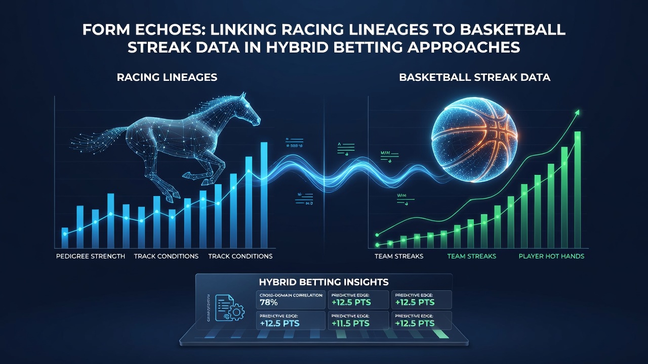 Infographic displaying interconnected data nodes between horse pedigree metrics and basketball performance streaks for hybrid betting calculations