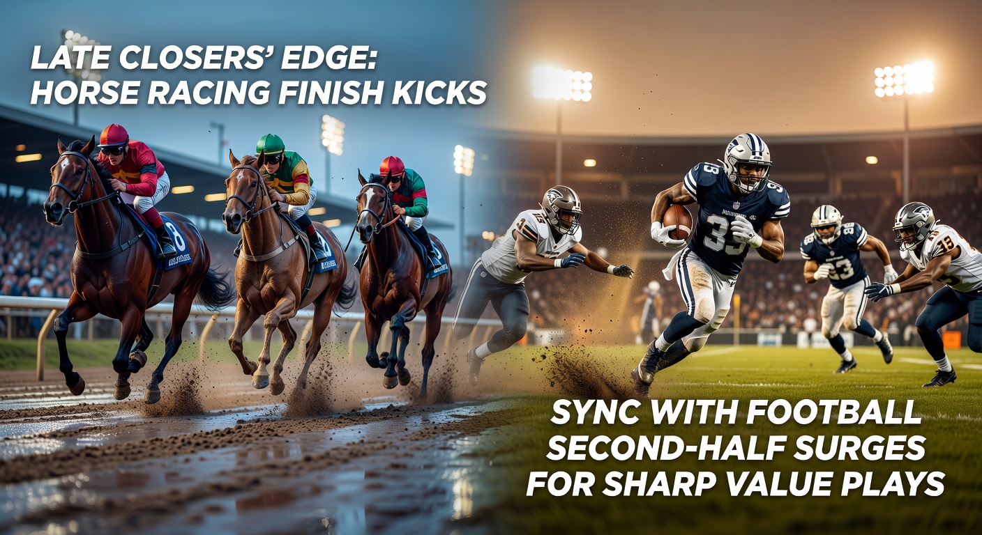 A horse surging late in a tight finish at the rail, mirroring a football player breaking free in the second half