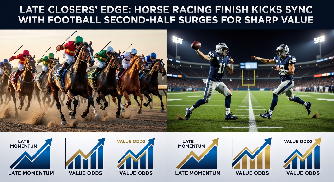 Split-image graphic showing a horse powering down the stretch alongside a soccer team celebrating a late equalizer in a packed stadium