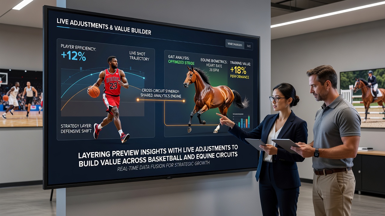 Analysts reviewing basketball statistics and horse racing form guides side by side during a live event