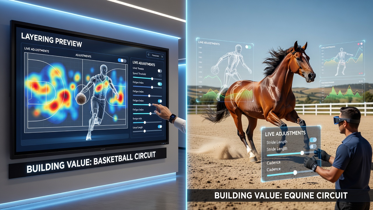 Live data feeds displaying basketball shot charts alongside horse racing sectional times on a dual monitor setup
