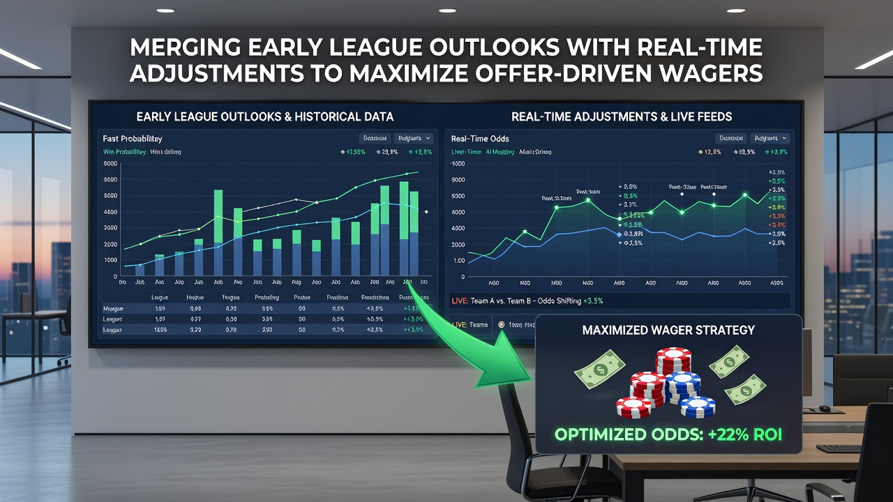 Bettors analyzing merged data sets of preseason outlooks and live adjustments to identify promotional wager opportunities