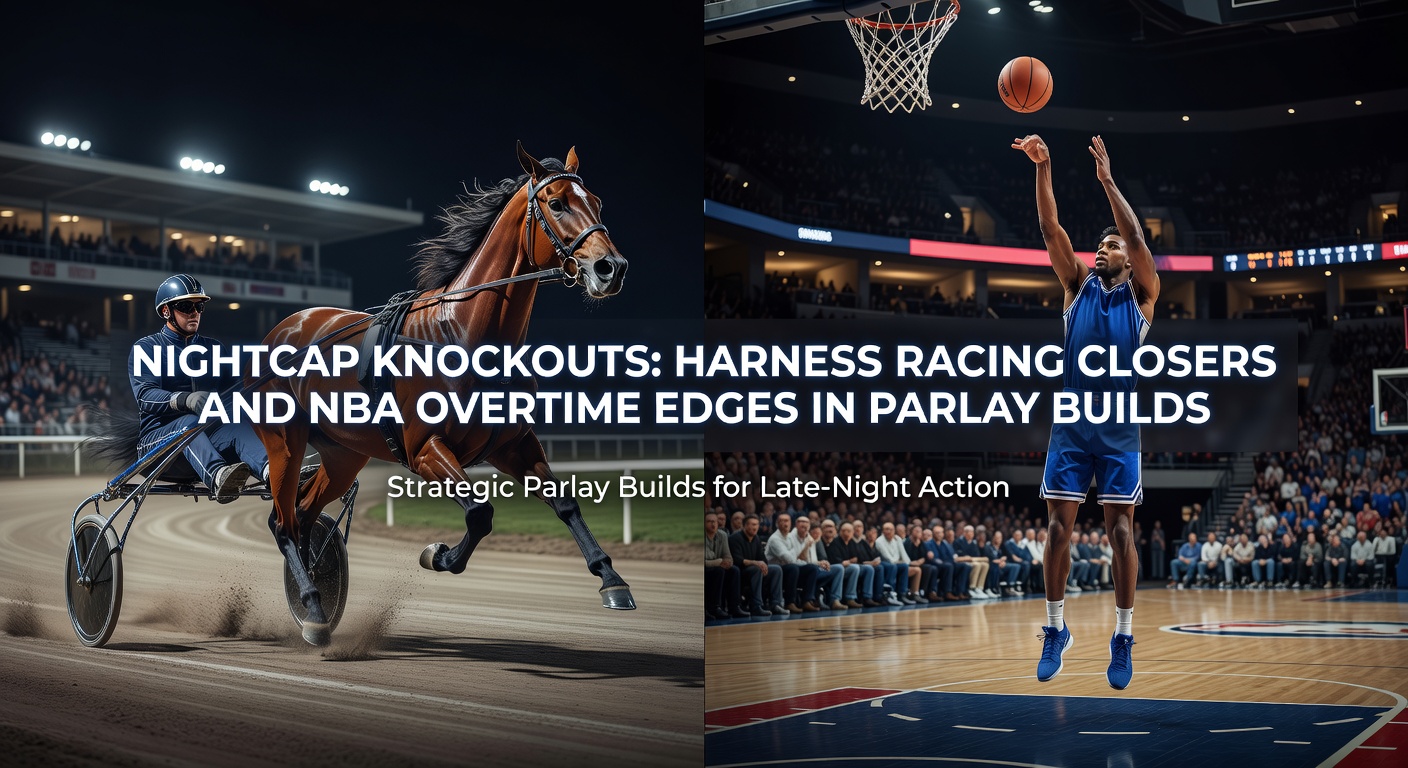 Harness racing horse surging late in a nightcap race under bright track lights, with an inset of NBA players in overtime intensity