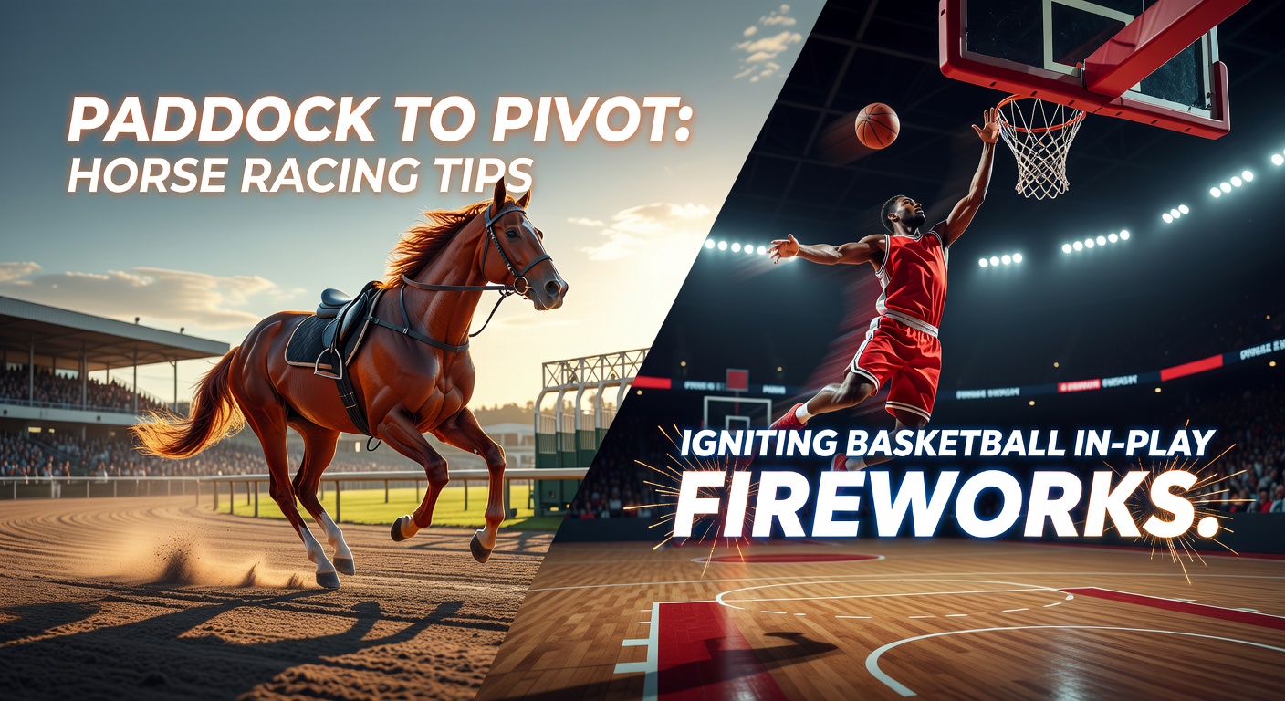 A vibrant scene capturing a horse in the paddock transitioning visually to basketball players pivoting on court, symbolizing betting strategy crossover