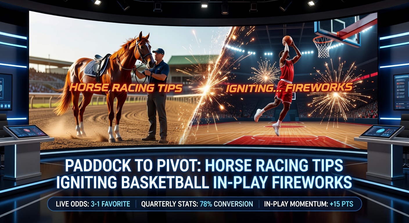 Dynamic split-image of a horse racing paddock alongside intense basketball in-play action, highlighting analytical parallels in betting