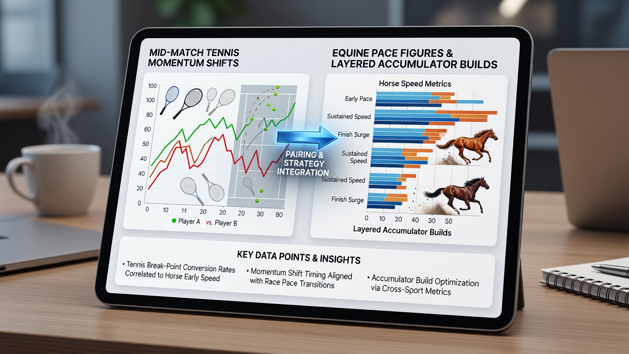 Composite graphic of layered accumulator bet slip with tennis momentum stats and horse pace figures