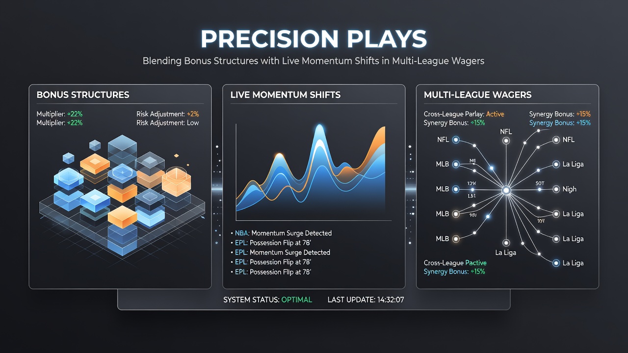 Diagram showing cross-league parlay construction with live odds adjustments and bonus allocation