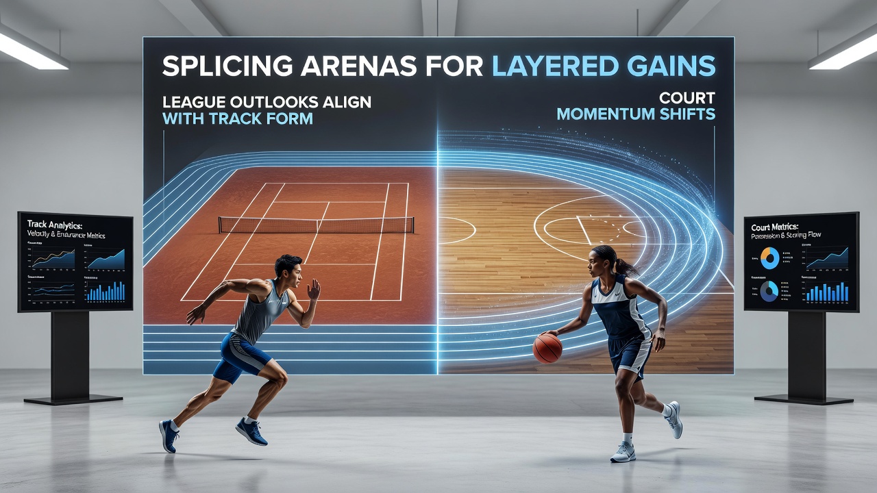 Tennis court action alongside horse racing track and basketball arena illustrating momentum alignment for multi-leg betting approaches