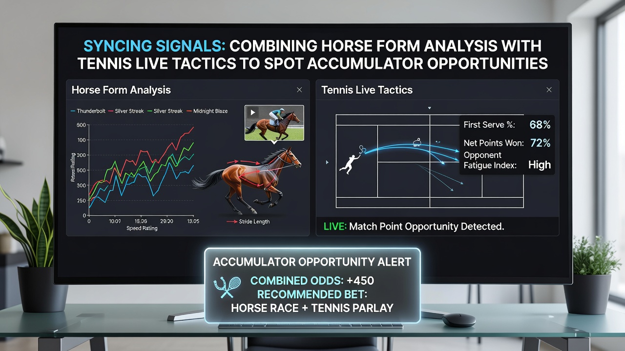 Split-screen view showing horse racing results and tennis point-by-point data used for accumulator planning