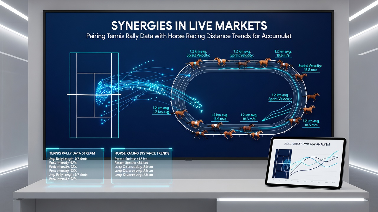 Horse racing field navigating a long-distance turn with distance performance charts displayed alongside live odds