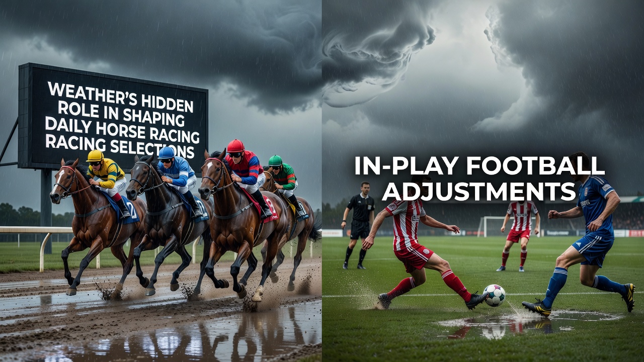 Weather conditions impacting a horse racing track and football pitch simultaneously